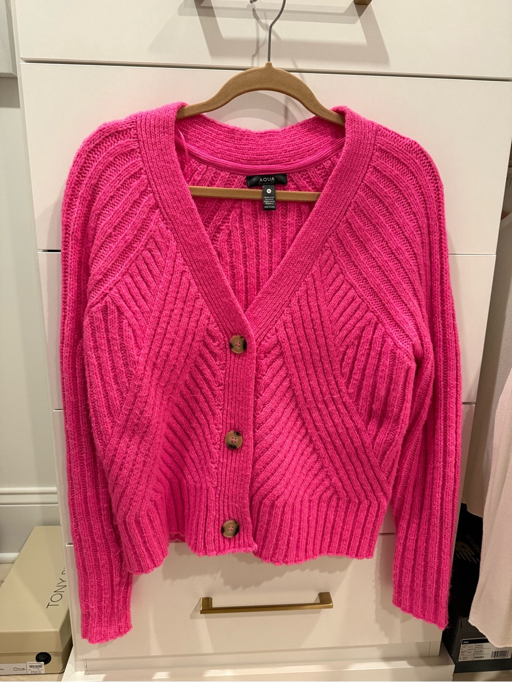 Aqua Bright Pink Ribbed V-Neck Button Cardigan